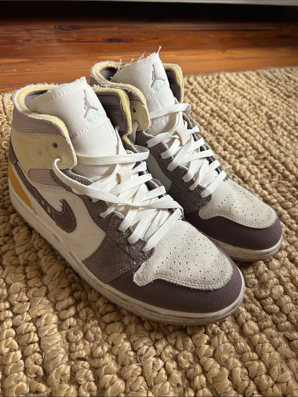 Jordan High-Top Sneakers - Cream, Brown & Yellow Accent